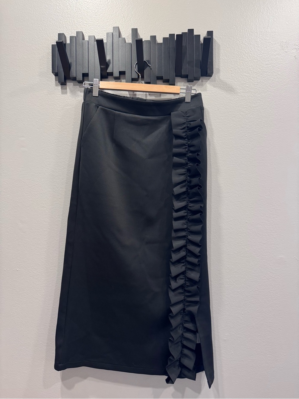 Black Midi Skirt with Side Ruffle Detail